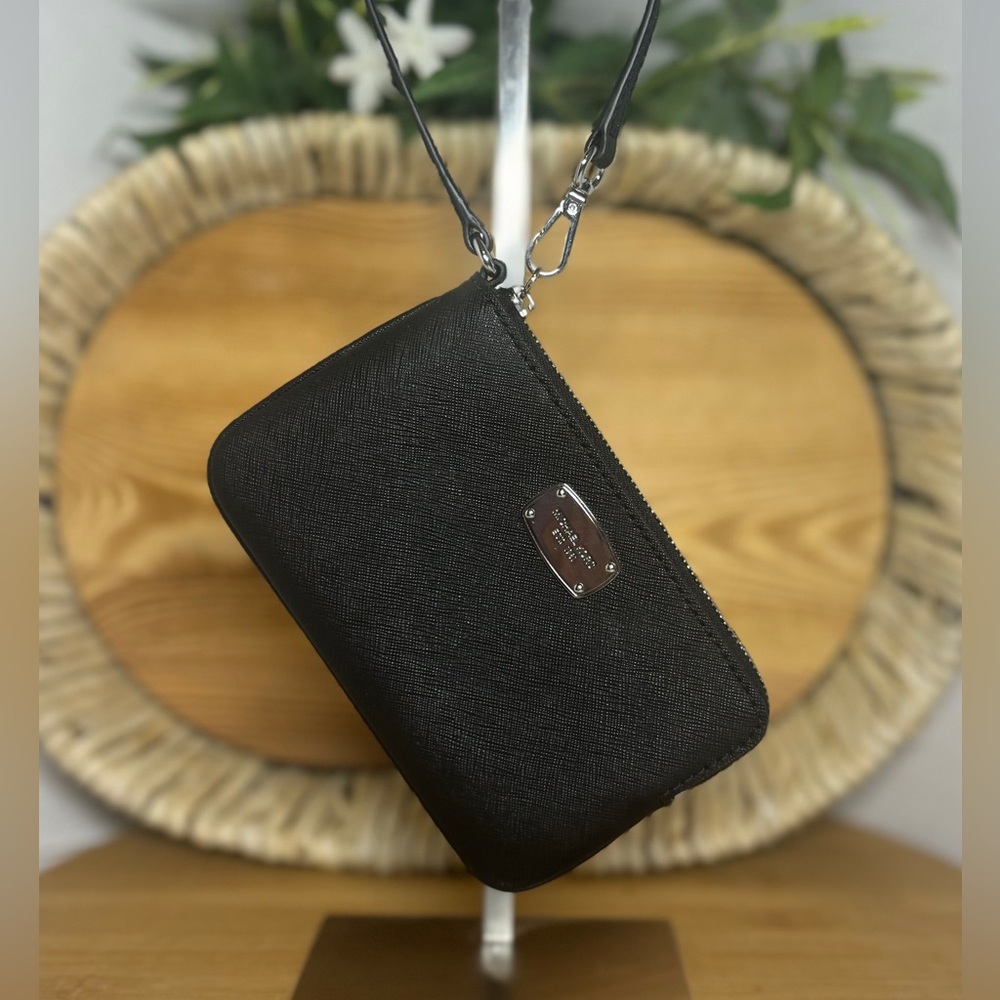 Michael Kors Black Leather Wristlet with Silver Accents